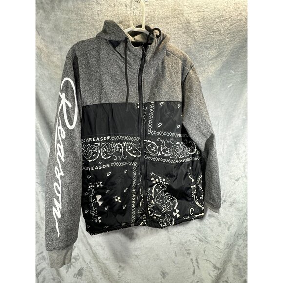 Reason Brand sweatshirt Men's Medium Black & Gray Hoodie  "Reason" Sleeve Print - Picture 12 of 12